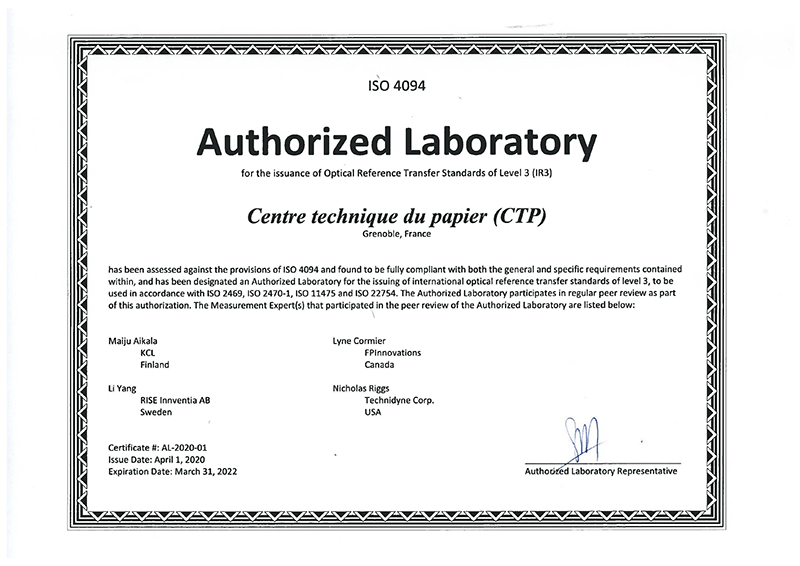 Certificat délivré par l’ISO/TC6